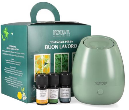 Nasoterapia kit Diffusore ultrasuoni Bloom Olive L'essenziale per un BUON LAVORO con O.e. Limone, menta ed eucalipto globulus
