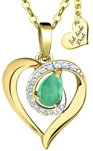 Limana Herzkette echter Edelstein Silber 925 Gold vergoldet Halskette Damen Kette mit Herz Anhänger Schmuck Liebe Geschenk für Frauen Freundin Hochzeitstag Jahrestag Goldkette
