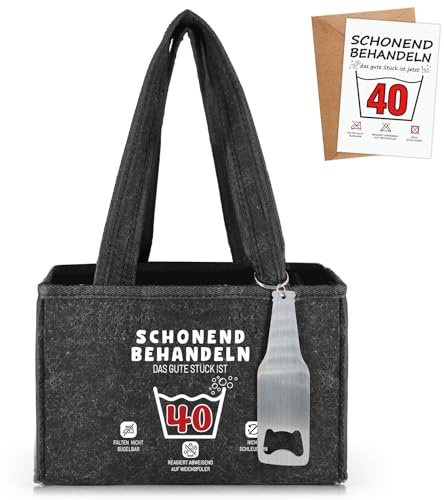 WenmthG 40 Geburtstag Mann Frau Lustige Bier Geschenke Männerhandtasche mit Flaschenöffner und Grußkarten, Geburtstagsgeschenk Biertasche Männer für 6 Bierflaschen
