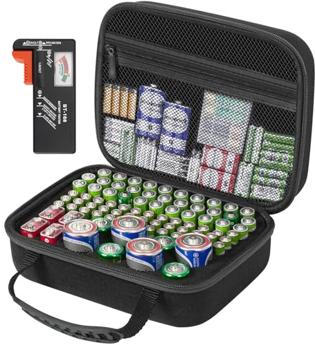 HESPLUS Battery Organizer Storage Case, Large Waterproof Carrying Bag Containers Box Holder Holds 83+ Batteries AA AAA C D 9V 3V - with Battery Tester BT-168, Black (Case Only)