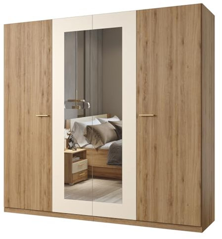 Lomadox Kleiderschrank Schrank Drehtürenschrank 4-türig mit Spiegeltüren in Eiche mit beige Griffe goldfarben 227,9x214,6x59,2 cm