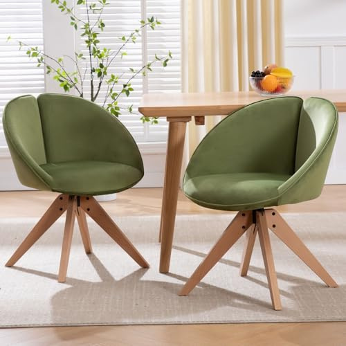 Ya-Home Esszimmerstühle 2er Set Küchenstühle aus Samt 360°Drehstuhl mit Holzbeinen Akzentstühle mit gebogener Rückenlehne für Esszimmer/Wohnzimmer/Küche, Grün