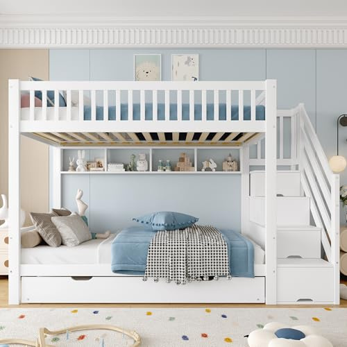 Idemon Litera (sin colchón), cama infantil, con cama nido, con estantería, con armario, con compartimento de almacenamiento, 90 x 200 cm, color blanco