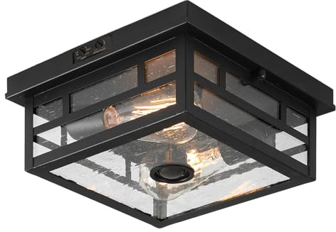 CALOKES Outdoor Flush Mount Motion Sensor Ceiling Light - Timeless Industrial Design with Seeded Clear Glass for Your Porch, Driveway, Covered Patio, Farmhouse, and Entryway, Dusk to Dawn