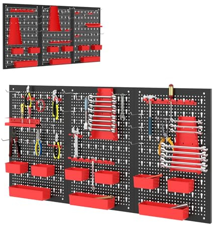 SOARS Porte Outils Mural 120 X 60 CM, Rangement Outils en Métal en 3 Panneaux Perforé avec Kit de 30 Crochets, Stable et Robuste, pour Garage, Atelier, Atelier de Réparation (Noir+Rouge)