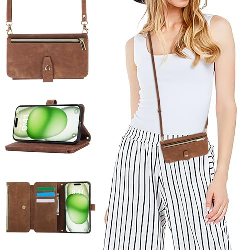 ZCDAYE Hülle für iPhone 17 Pro mit Band Handykette, Leder Handyhülle Handytasche mit Kordel Kartenfächer Frauen Brieftasche Klapphülle zum Umhängen iPhone 17 Pro (6.3 inches)-Braun