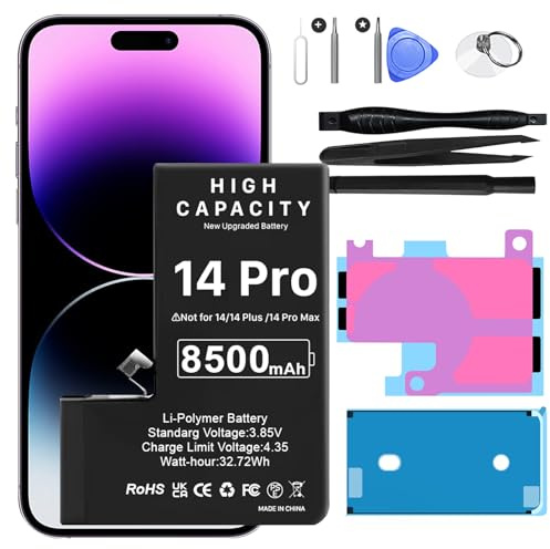 Batterie pour iPhone 14 Pro, 8500mAh de Haute Capacité Remplacement Batterie avec A2650/A2889/A2890/A2891/A2892, Kit de Réparation Complet