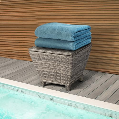 Mesa auxiliar de mimbre para exteriores con almacenamiento, contenedor de patio de 13 galones para manguera, cojines, toallas, ratán para todo tipo de clima, marco de acero, muebles de jardín gris.