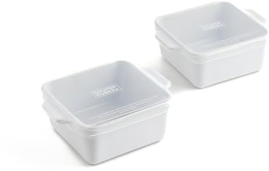 Souper Cubes Stoneware 2.0-5 x 5 Baking Dishes for Oven, Made in USA, Premium Mini Ceramic Baking Dishes with Silicone Covers for Individual Portions, Set of 2 - White