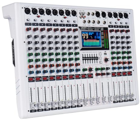 Yamnweo GF12 multifunktionell 12-kanals mixer med stor LCD-färgskärm scen prestanda mixer isolering oberoende tyst inbyggd i 7-nivås equalizer och 99 Reverb Party DJ mixer