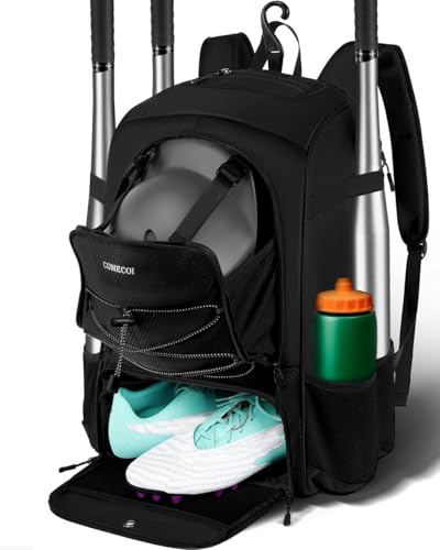 COMECOI Baseball Bag, Baseball Backpack with Helmet Shoes Bag for Youth, Adult, Lightweight Softball Bag with Fence Hook Hold TBall Bat, Baseball Glove, Helmet, Caps, All Gear, Black