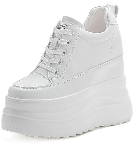 AONETIGER Högklackade kilskor för kvinnor läder kilar sneakers damer dolda kilklackskor 13 cm plattform tjocka vardagsskor storlek 2,5-6,5 UK, Vitt, 36 EU