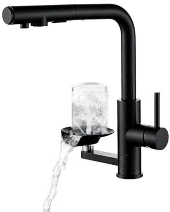 Rubinetto Lavello Cucina Nero 3 vie Estraibile con Filtro Lavaglassi,2 Tipi | Rubinetto da Cucina Estraibile LakeBayMZC,360°, Miscelatore Cucina Acciaio inossidabile 304 Spazzolato per Cucina Bar Bagno