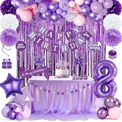 Decorazioni viola per 8° compleanno, Set per festa di ragazze, Striscione Happy Birthday, Palloncini, Tenda viola, Fascia, Pon pon, Spirale appesa, Accessori per festa di principesse
