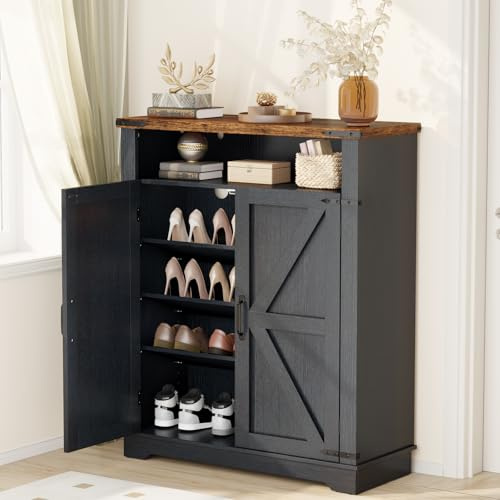 OCTORO Schuhschrank mit 2 Türen, Schuhschrank Holz im Landhausstil, Schuhkommode mit verstellbaren Einlegeböden und Kippschutz, Schuhregal Schmal für Eingangsbereich, Flur, Wohnzimmer, Schwarz