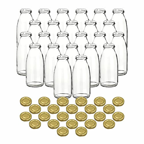 gouveo 24er Set Glas-Saftflaschen 250 ml (0,25 l) Saftflasche 250 ml rund mit TO 43 Schraubdeckel goldfarben, Klarglasflaschen zum Abfüllen, Aufbewahren & Servieren, breite Öffnung (SF250G)