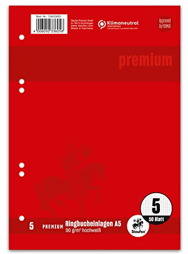 Staufen Premium Ringbucheinlagen - DIN A5, Lineatur 5 (5mm kariert), 50 Blatt, 6-fach Lochung, 90g/m² Premium Papier, 1 Stück