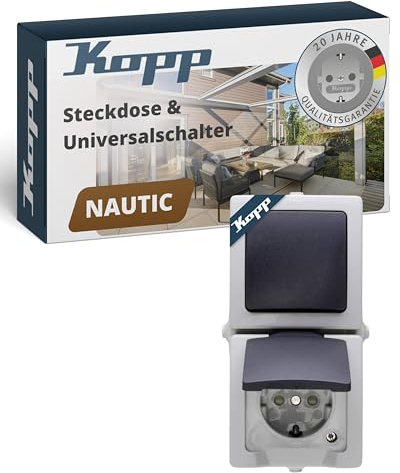 Kopp NAUTIC Wechselschalter-Steckdosen-Kombination in Grau - Sichere Aufputz-Steckdose mit Deckel & erhöhtem Berührungsschutz - Senkrechter IP44 Feuchtraum-Aufputz-Schalter mit Steckdose 16A / 250V~