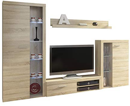 Mirjan24 Wohnwand Rango, Design Wohnzimmer Set, Modernes Anbauwand, Schrankwand, Vitrine, TV Lowboard, Mediawand, (ohne Beleuchtung, Sonoma Eiche)