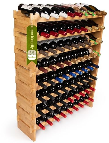 DECOMIL - Estante modular apilable para 72 botellas de vino, estante de almacenamiento de vino de bambú sólido, estantes de exhibición, sin tambaleo (ocho niveles, capacidad para 72 botellas)