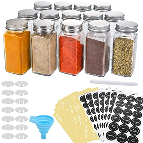 AOZITA 14 Pcs Glass Spice Jars with Spice Labels - 4oz Empty Square Spice Bottles - Shaker Lids and Airtight Metal Caps - Chalk Marker and Silicone Collapsible Funnel Included