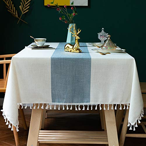 Oubonun Wipe Clean Cotton Linen Rectangle Tablecloth with Tassels – Wipeable, Wrinkle Free & Washable Table Cloth for Kitchen & Dining, 140 x 178 cm, Fits 4–6 Seater Table