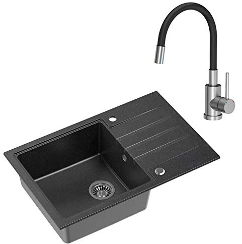 VBChome Spüle mit Armatur 78 x 50 cm Tiefes Becken 20cm Schwarz Küche Große Abtropfflache Einbauspüle Unterschränke ab 55 cm Verbundspüle Küchenspüle Einzelbecken + Siphon Flexibel Wasserhahn