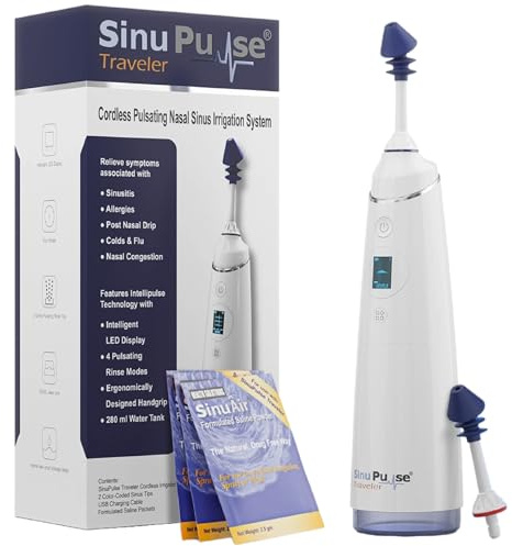 SinuPulse Traveler with 30 Sinuair Packets - Cordless Pulsating Nasal Irrigation Sinus Rinse System, Space Saving Cleaner & Relief Machine for Travel, More Effective than Neti Pot or Nose Spray Bottle