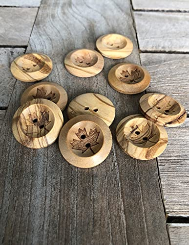 10 Stück Holz Knöpfe 2 Loch 15mm oder 25mm aus echtem Olivenholz mit Ahorn Blatt Motiv Holzknopf Natur (15mm)