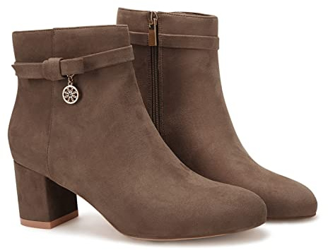 Coutgo Women's Ankle Boots Chunky Block Low Heel Vintage Tie Knot Booties Shoes with Side Zipper, Coffee, 6.5 UK