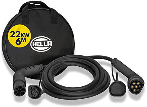 HELLA 8KE 358 255-051 Câble de charge type 2 pour voitures électriques électriques et hybrides rechargeables Mode 3-22 KW 32 A triphasé 6 mètres Noir