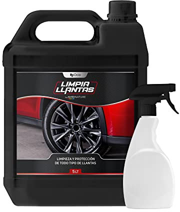 Limpia Llantas Coche | Moto | Limpiador profesional de llantas de 1000 ml - 5 Litros | PH Neutro | Limpiallantas 3 en 1- Limpia Desengrasa Abrillanta| No daña Pinzas de Frenos (5 litros)