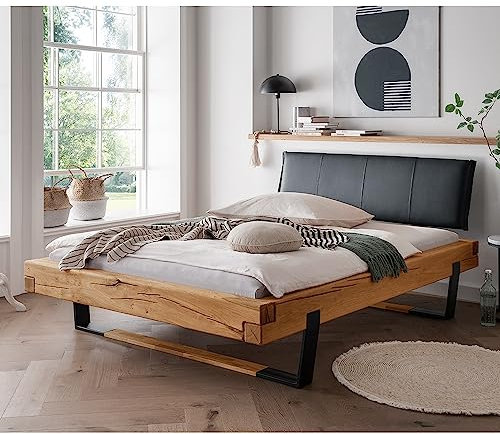 Lomadox Doppelbett Ehebett Bett Echtholz Massivholz, 200x200 cm, Eiche massiv, schwarzes Echtleder-Kopfteil, Schwarze Metallkufen mit Massivholzeinsatz, B/H/T ca. 218/88/228 cm