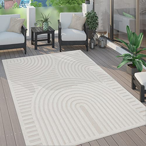 Paco Home Outdoor Teppich wetterfest & langlebig Moderne Boho-Designs mit 3D-Effekt Skandi-Look UV-beständig & robust für Balkon, Garten, Wohnzimmer & Küche, Grösse:120 cm Rund, Farbe:Creme 4