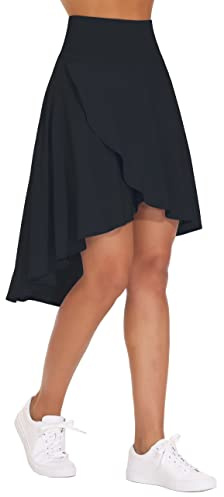 THE GYM PEOPLE Jupe-Short Femme Haute Taille avec Short Intérieur, Modèle Asymétrique à Poches et Ourlet à Volants pour Le Tennis Golf, Noir, M