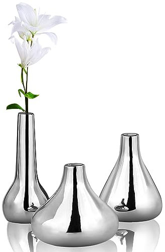 Port&Petal Kleine Knospenvasen (Set mit 3 Stück) 9,9-152 cm hoch mit reflektierender Oberfläche, silberfarbene Heimdekoration, Tischdekoration, Hochzeitstischdekoration
