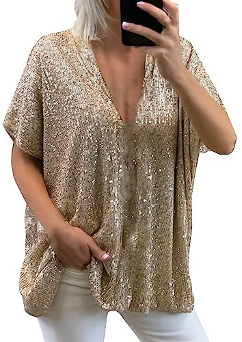 CGGMVCG Damen-Sommer-Tops, Frühling/Sommer, lässig, lockere Passform, großer Ausschnitt, V-Ausschnitt, Kurze Ärmel, Pailletten, Damen-T-Shirts