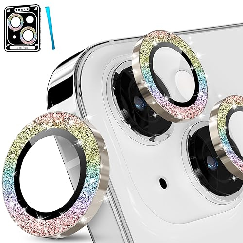 imluckies for iPhone 15 - iPhone 15 Plus Camera Lens Protector Bling, HD Clear Aluminum Alloy Individual Ring, 9H Tempered Glass Camera Back Screen Protection Film, Glitter Colorful