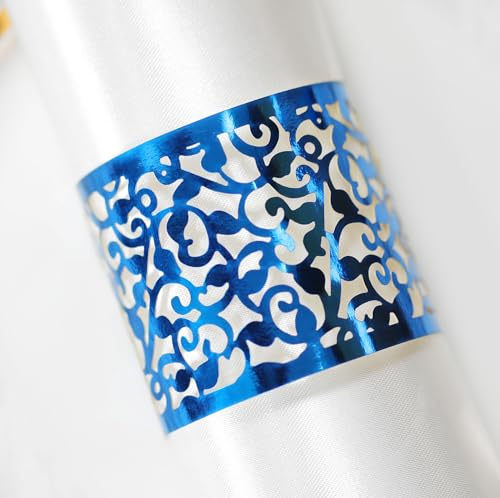 50 Stück Serviettenringe,Papier Serviettenringe Weihnachten Blatt Rebe Serviette Ringe 3D Laser geschnittene Serviettenschnallen Band für Hochzeiten,Partys,Servietten,Tischdekoration,Restaurant-blau
