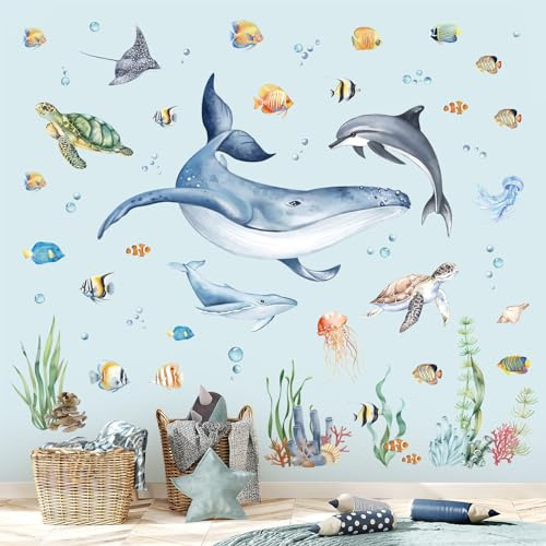 decalmile Wandsticker Unter dem Meer Wandtattoo Wal Unterwasserwelt | Abziehbare und Aufklebbare Wandaufkleber, DIY Abnehmbare Wandkunst Abziehbilder, Wandfreundlich, Leuchtenden Farben