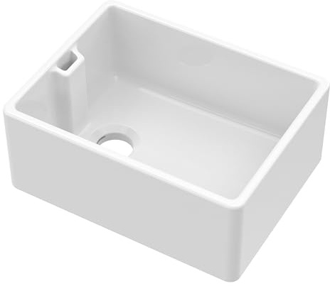 Balterley 595mm Belfast Kitchen Sink Single Bowl with Built-in Weir Style Overflow, Durable Belfast Fireclay White Ceramic Kitchen Sink Bowl, Reversible Farmhouse Sinks - 595 x 455 x 245mm (White)
