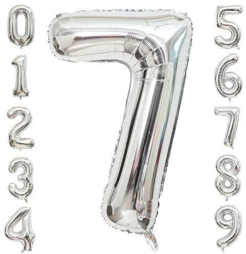 PatiCool Zahlen Luftballon 7 Silber, 100cm - 40 Zoll Luftballons Geburtstag, XXL Riesen Folienballon 7 Silber Geburtstagsdeko, Helium Ballons Zahlen 7 für Frau Mann Jahrestag Deko