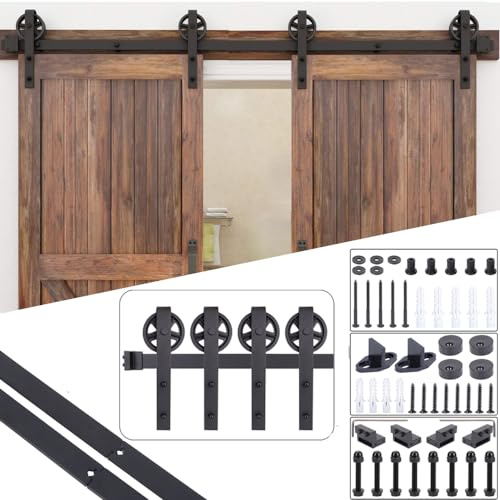 EGTink 183cm /6FT Quincaillerie Kit de Rail pour Porte de Grange,Kit de Rail Porte Coulissante,Ensemble Industriel pour Porte Suspendue en Bois pour Double Porte