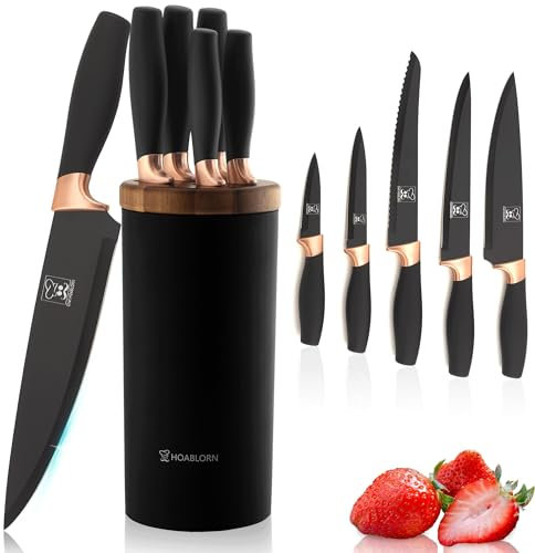 Knife Block Set Universal Round Holder Removable Knife Holder Easy to Clean Space Saving with 5 Knives Kitchen Knife Holder.