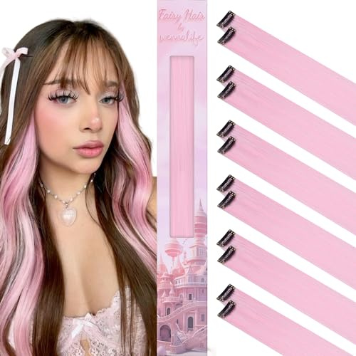 WENNALIFE 12 Piezas Rosa Extensiones de Clip de Pelo, Colorido Extensiones de Cabello Pelo Postizo Mechas de Colorido Extensiones Clip Mechas Pelo Lacio para Niñas Mujeres Trenzas Cosplay Fiesta
