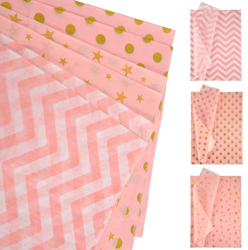 30 Blatt Rosa Seidenpapier, 50x35cm Geschenkpapier Stern Runde Punkte Wellenmuster Dekorative Geschenkpapierbögen für Weihnachten Hochzeit Geburtstag Basteln Verpacken(3 Stile)