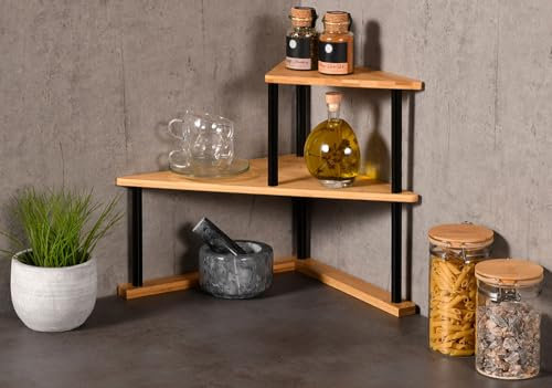 Kesper | Küchen-Eckregal mit 2 Ebenen, Material: Bambus, Maße: B 52 x H 39 x T 29,5 cm, Farbe: Natur, Schwarz | 58808