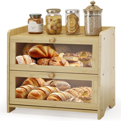 JANSNIMEN Double Layer Bread Box for Kitchen Countertop, Large Breadbox Bread Container Storage with Acrylic Door, Wooden Farmhouse Bread Holder (Bamboo, Medim-15.7 L x 9.5 W x 13 H)
