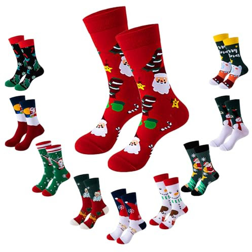 HEKOBAG 10 Paia Calzini Natalizi Donna Uomo Antiscivolo di Natale Cotone Calze Metà Polpaccio per Regali Invernali Natale e Capodanno 18cm