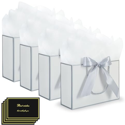 FLUETOOD Geschenktüten 4 Stück Geschenktaschen mit 4 Schleifenbändern 4 Grußkarten 8 Blatt Packpapier,Partytüten Geburtstag Papiertüten mit Henkel für Hochzeit Christmas Festivalfeier Feier